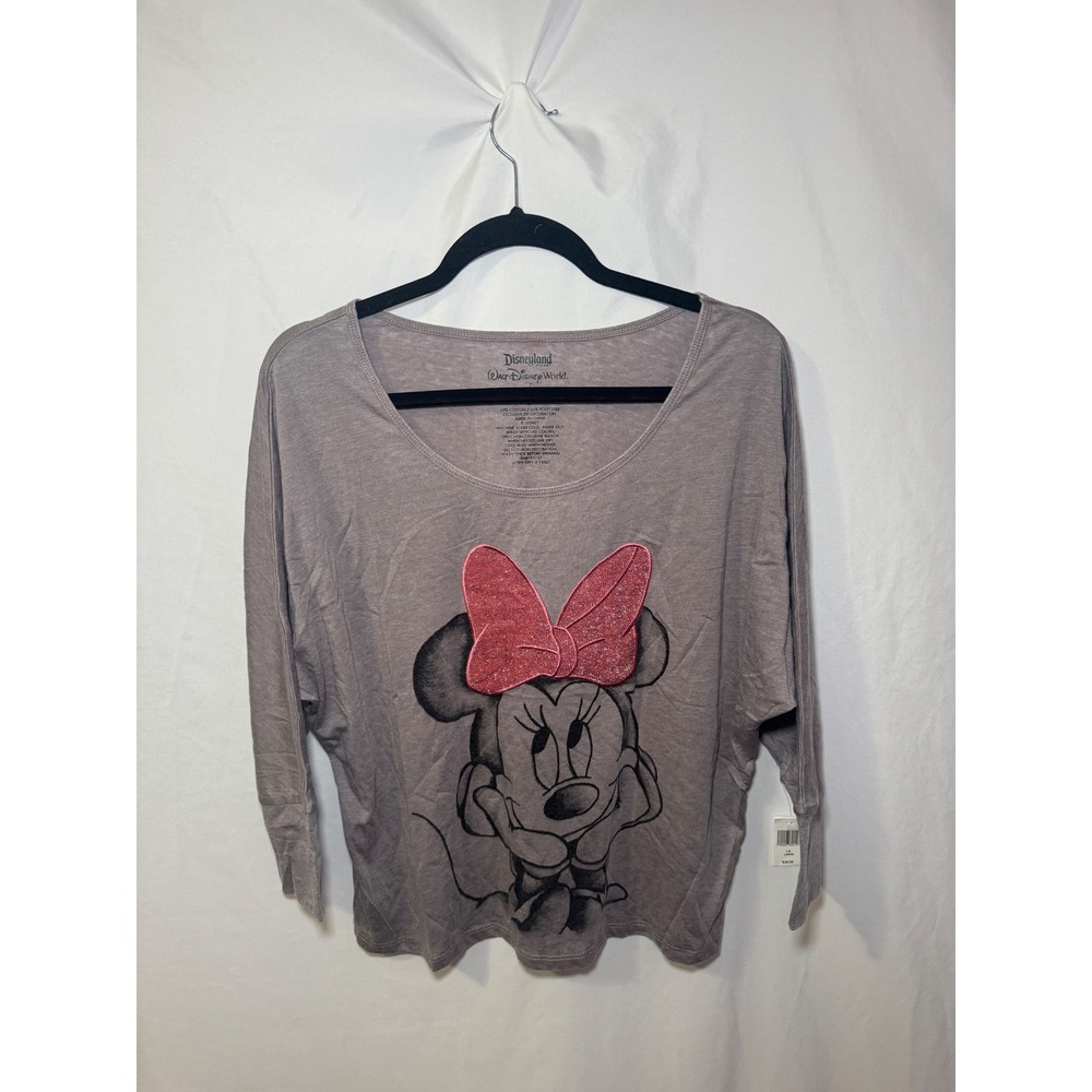 Disney Parks Minnie Mouse Top Womens L Purple Glitter Bow Disneycore Theme Park